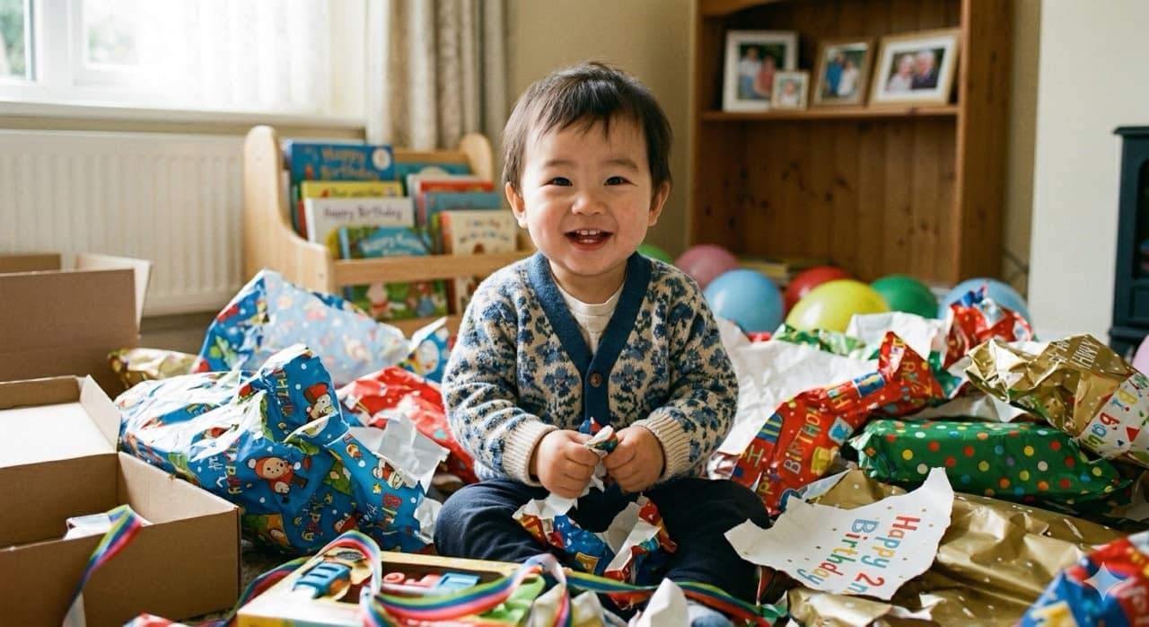 Photo: a smiling toddler surrounded by colourful birthday wrapping paper, wide-eyed with delight