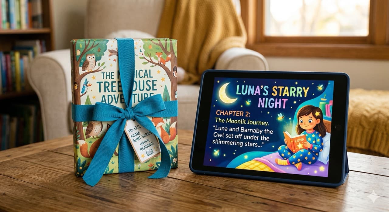 Photo: a beautifully wrapped children's book with a ribbon, placed beside a tablet showing a digital storybook
