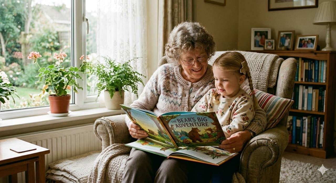 Photo: a grandparent and grandchild reading a book together — warm, natural indoor light