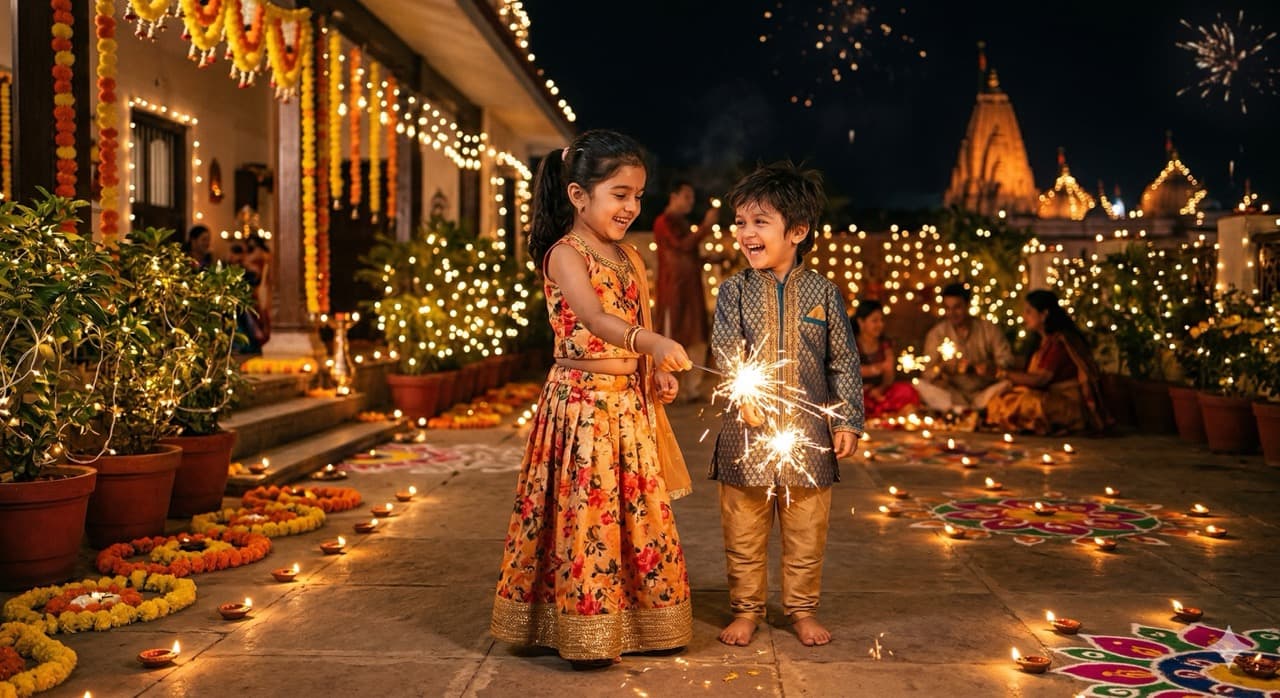 Photo: a child enjoying Diwali with family and friends