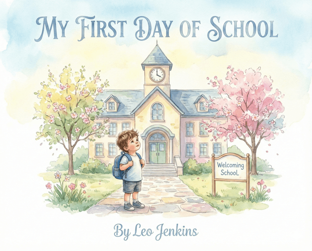 A child with a backpack in front of a colorful school building